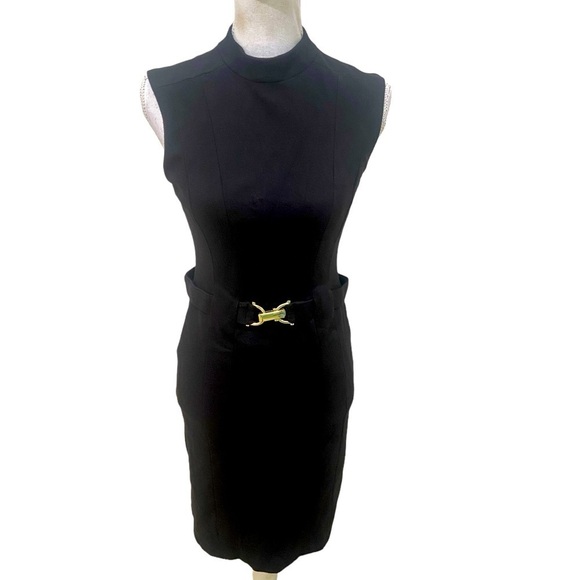 Premise Dresses black sleeveless Ponte knit dress gold belt buckle lined size 6 - Picture 1 of 11